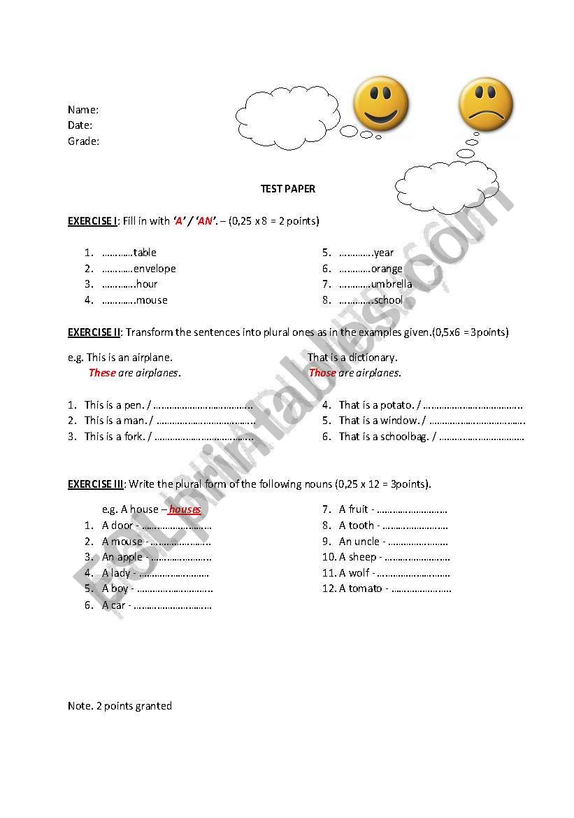 test paper - indefinite article and plural nouns