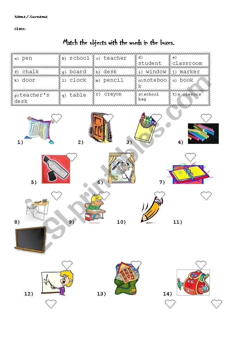 School objects worksheet