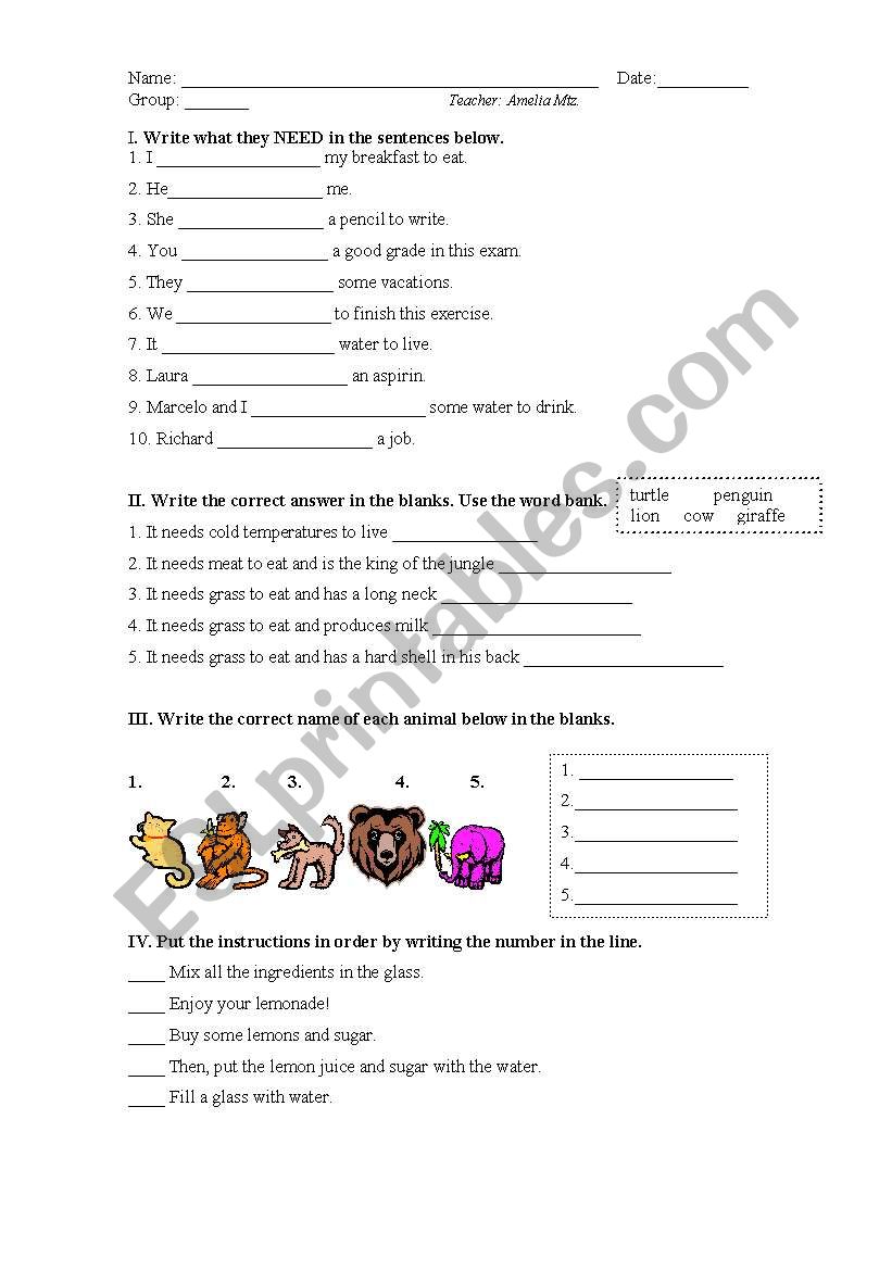 verb need worksheet