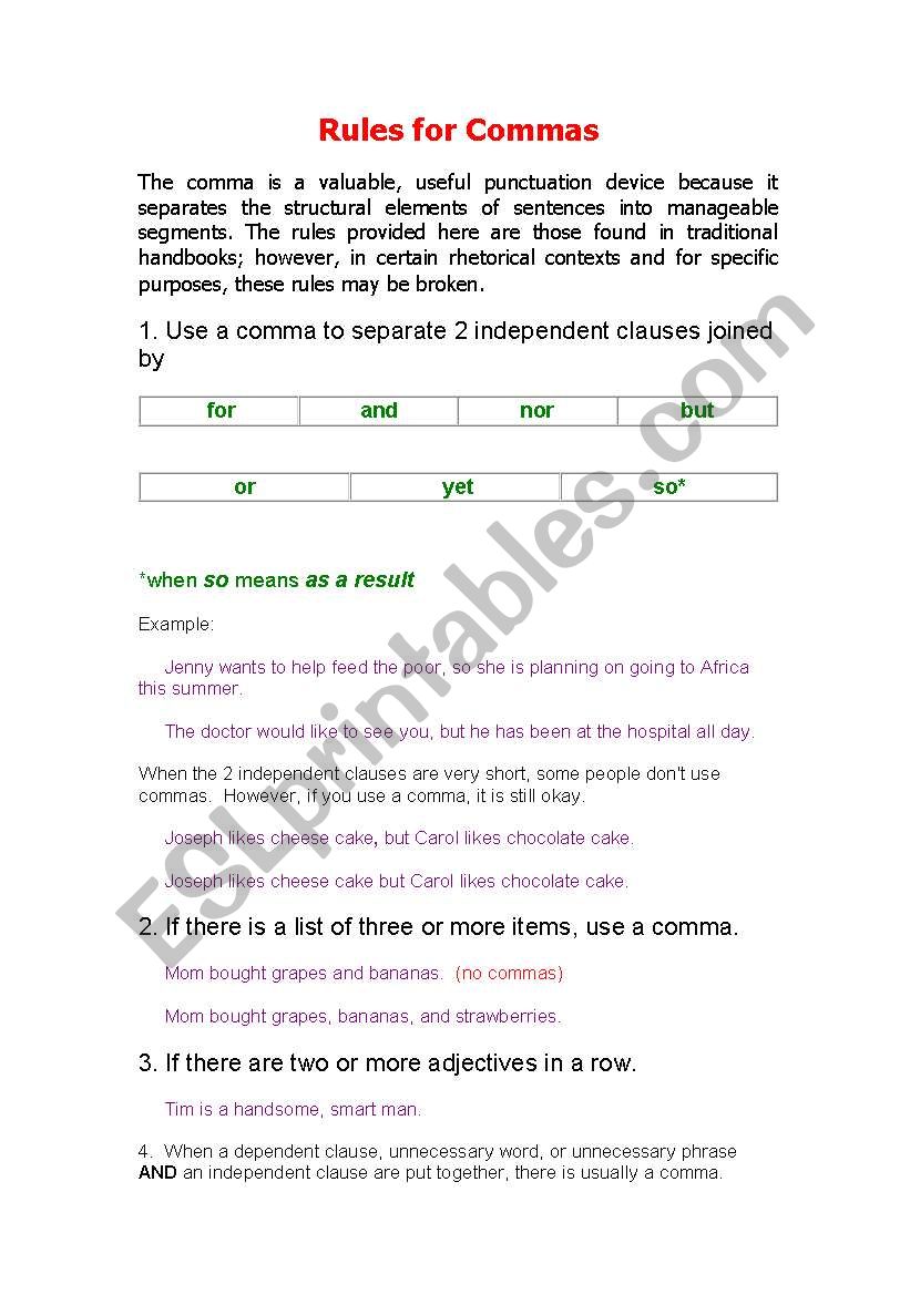 Rules for Commas worksheet