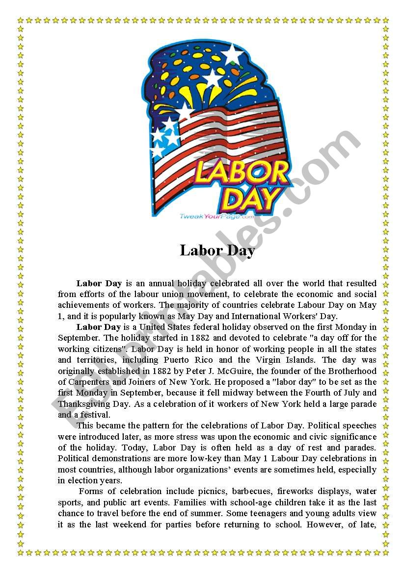 Free Printable Esl Worksheet About Labor Day