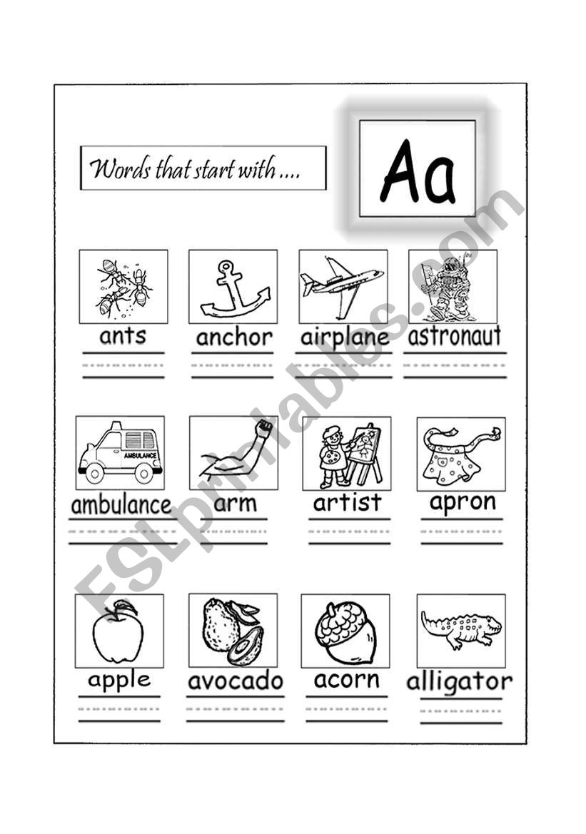 words that start with Aa worksheet