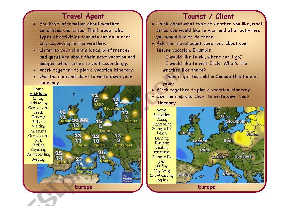 Travel Agent/ Prospective Tourist Role-Play Cards
