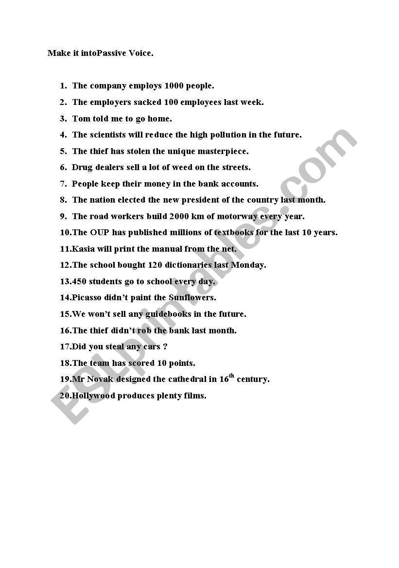 Passive Voice transformation worksheet