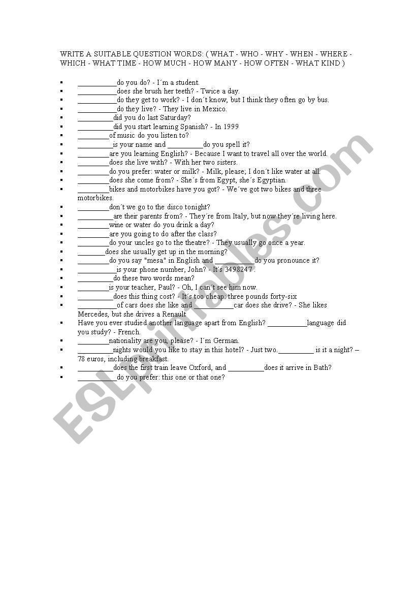 INTERROGATIVE PRONOUNS worksheet