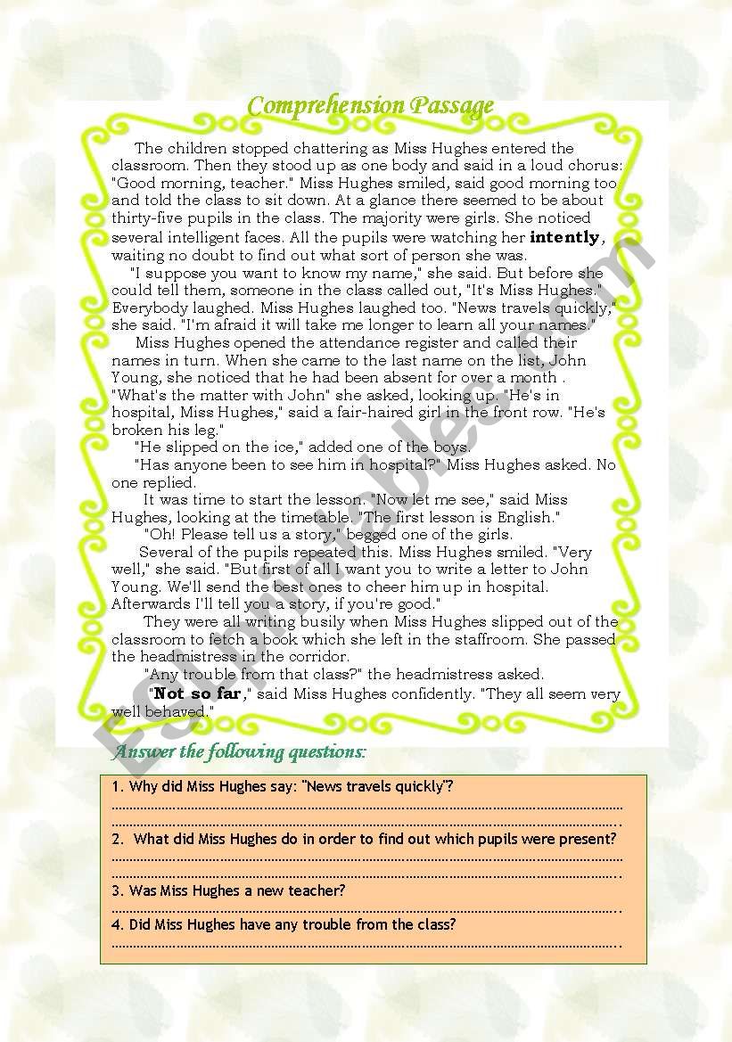 Comprehension New Teacher worksheet