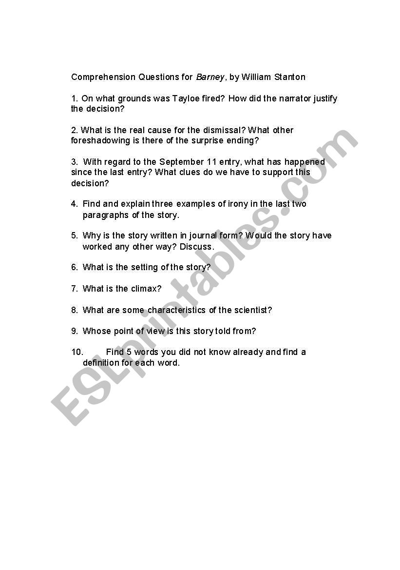 Barney by William Stanton Comprehension Questions