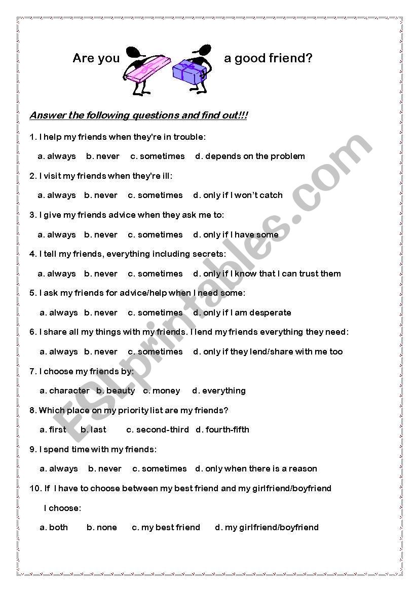 Are you a good friend worksheet