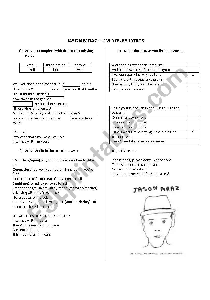 Jason Mraz. Im Yours - Song worksheet