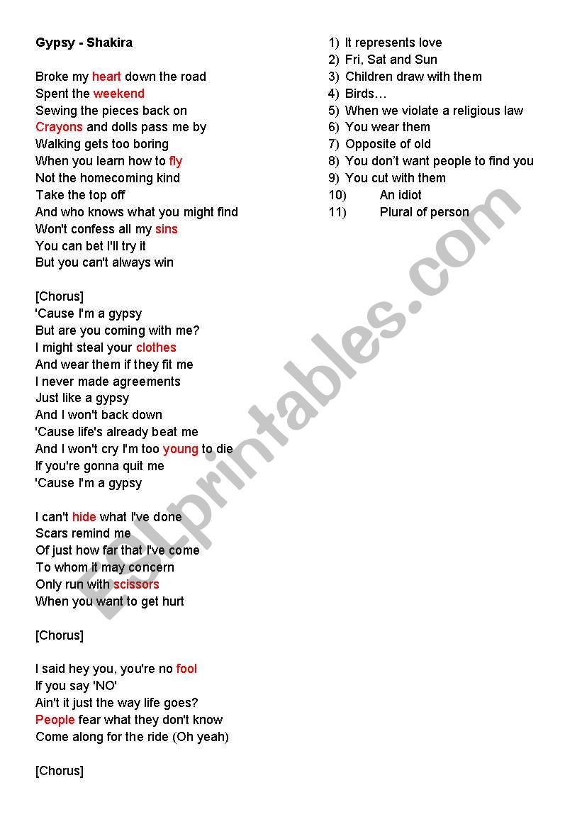 Gypsy - Shakira worksheet