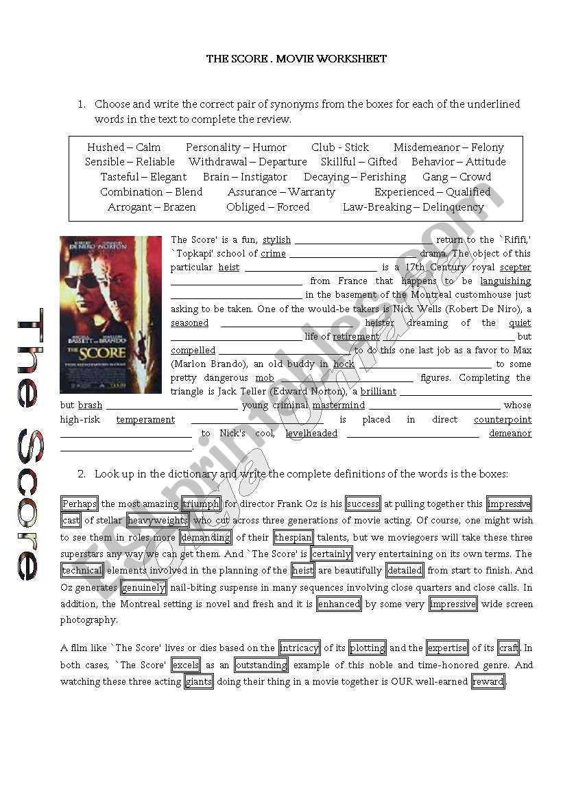 The Score - Movie Worksheet worksheet