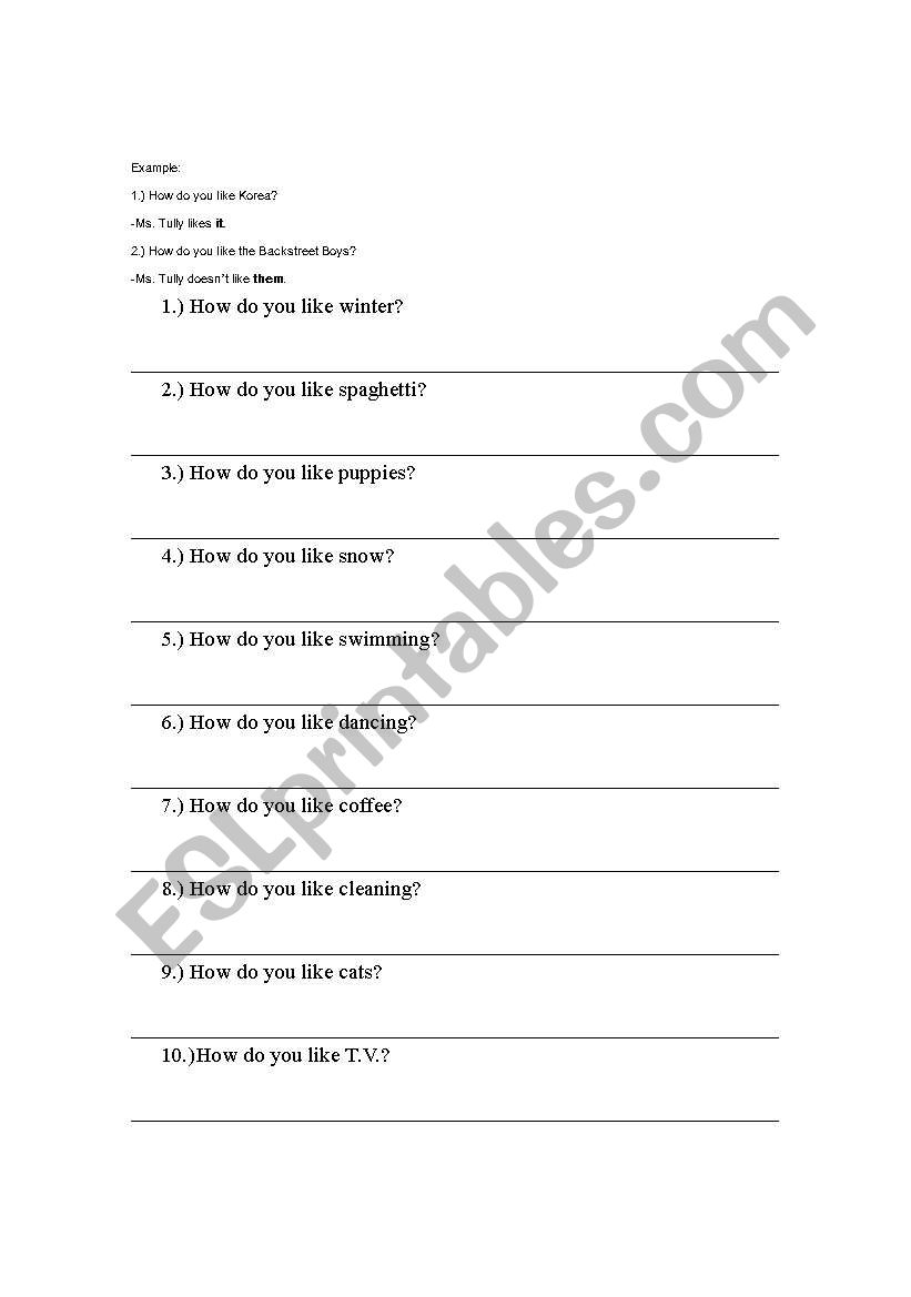 How do you like... worksheet