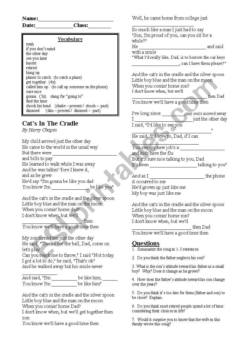 Cats song worksheet