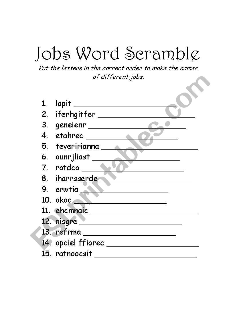 Jobs Word Scramble with answer key