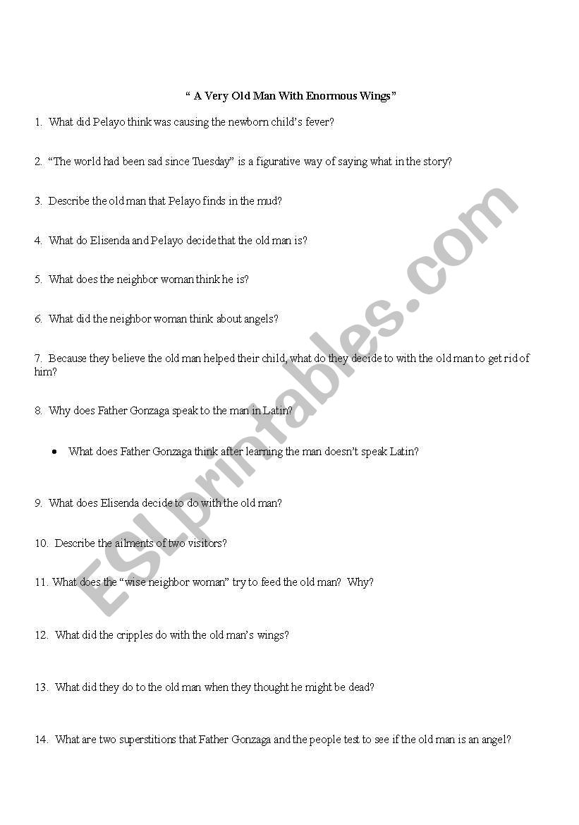 English Worksheets A Very Old Man With Enormous Wings Reading Questions