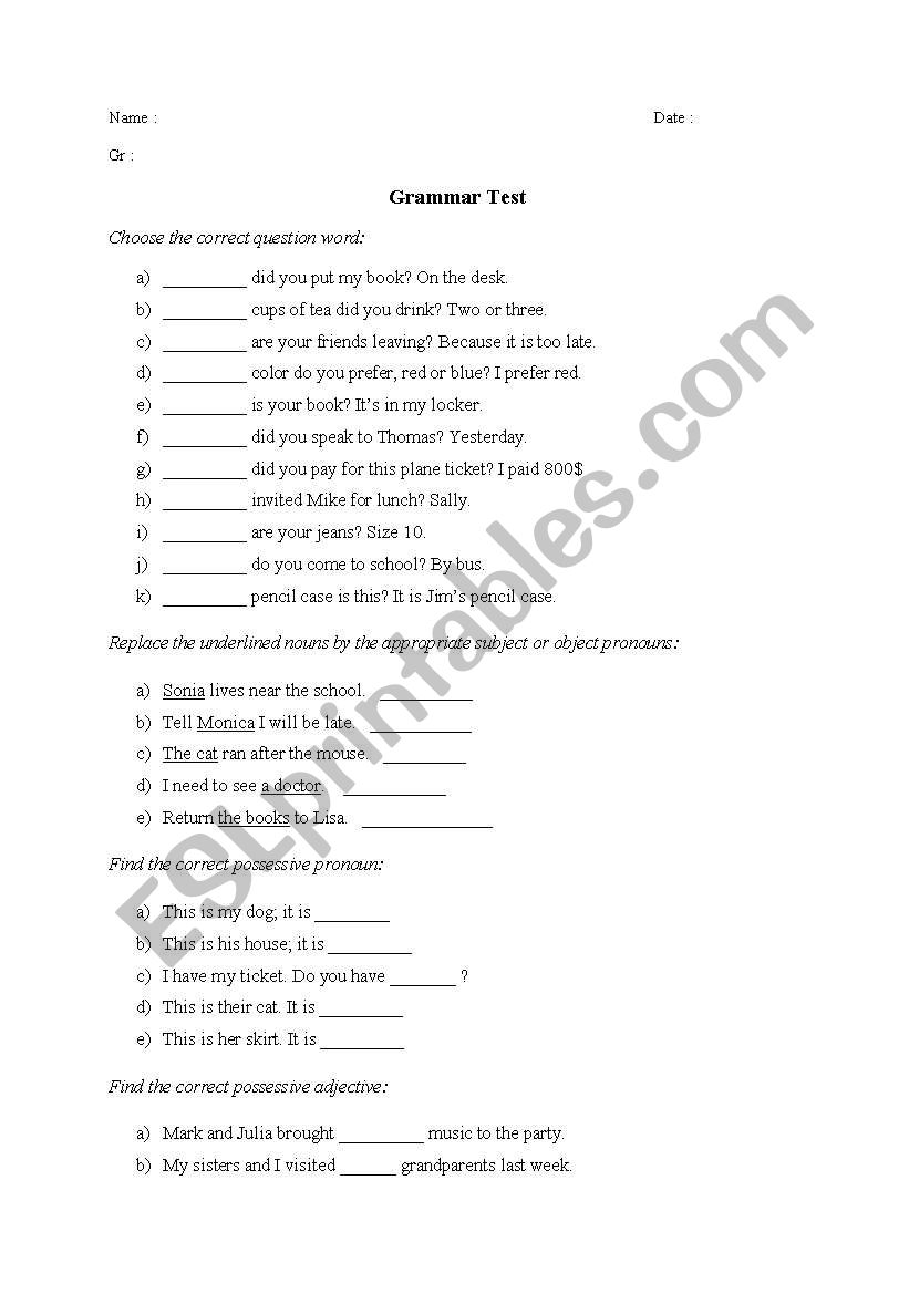 Grammar Test worksheet