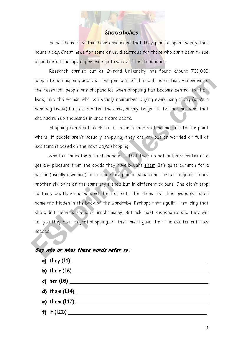 Shopaholics worksheet