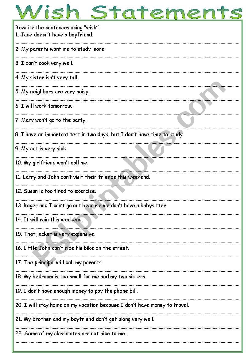 Wish statements worksheet