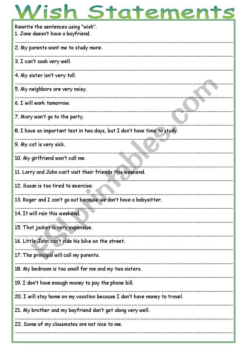 Wish statements worksheet