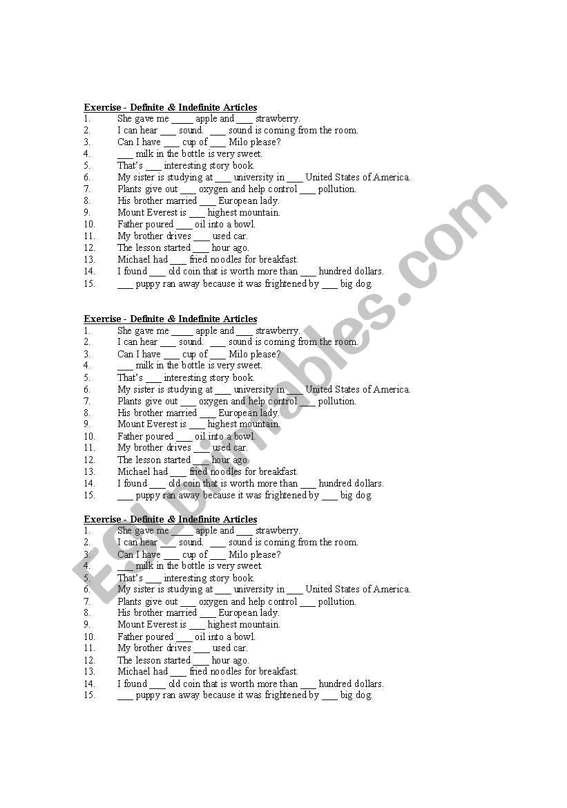 Exercise on articles worksheet