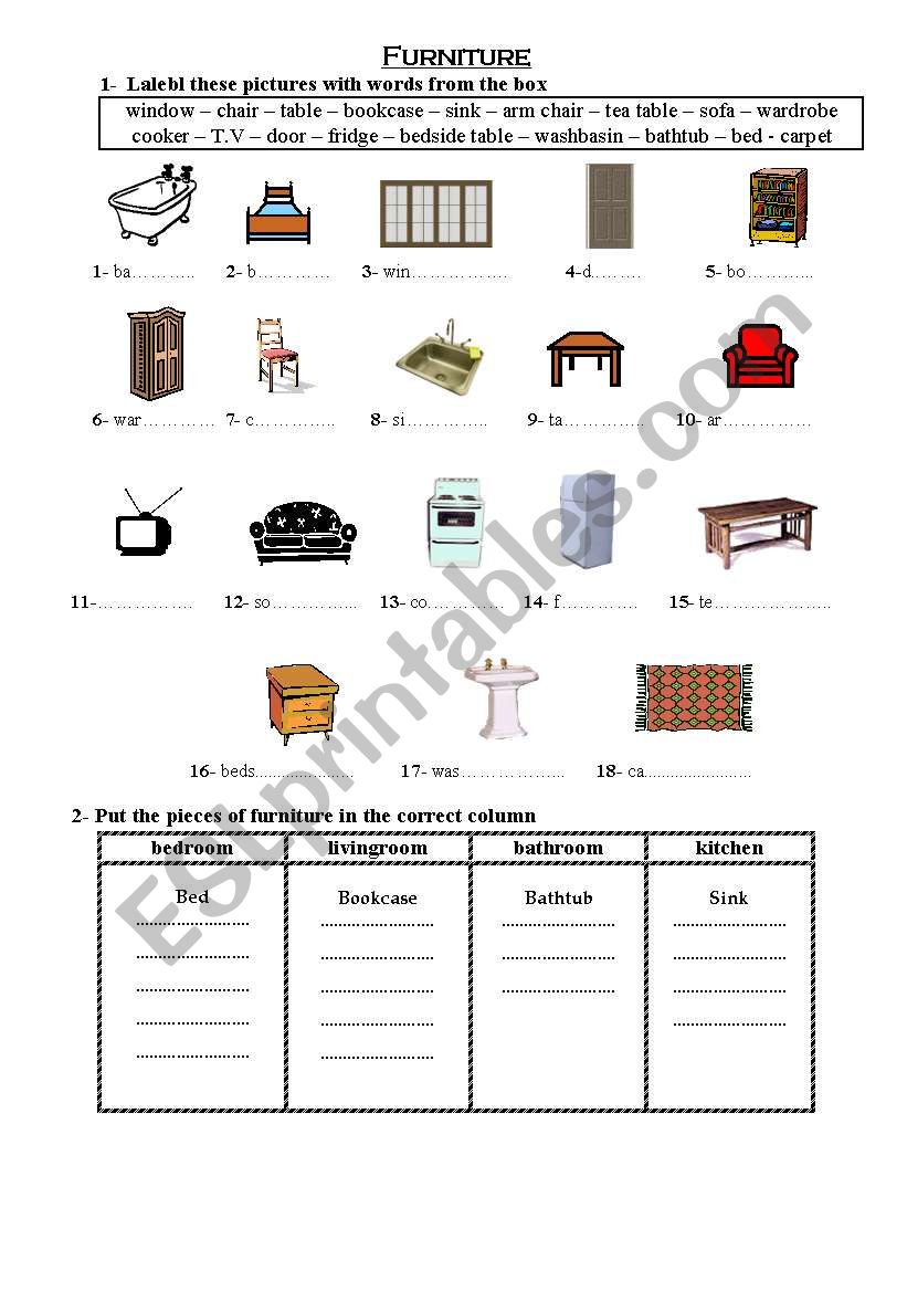 furniture workseet worksheet