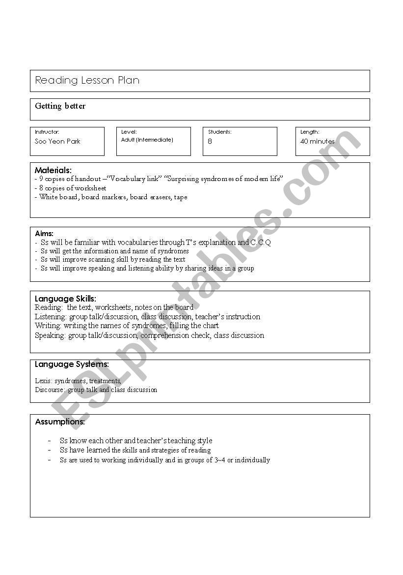 reading plan worksheet