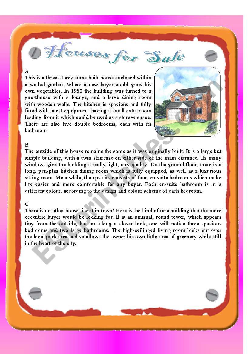 Reading - Houses for Sale + Answer Key