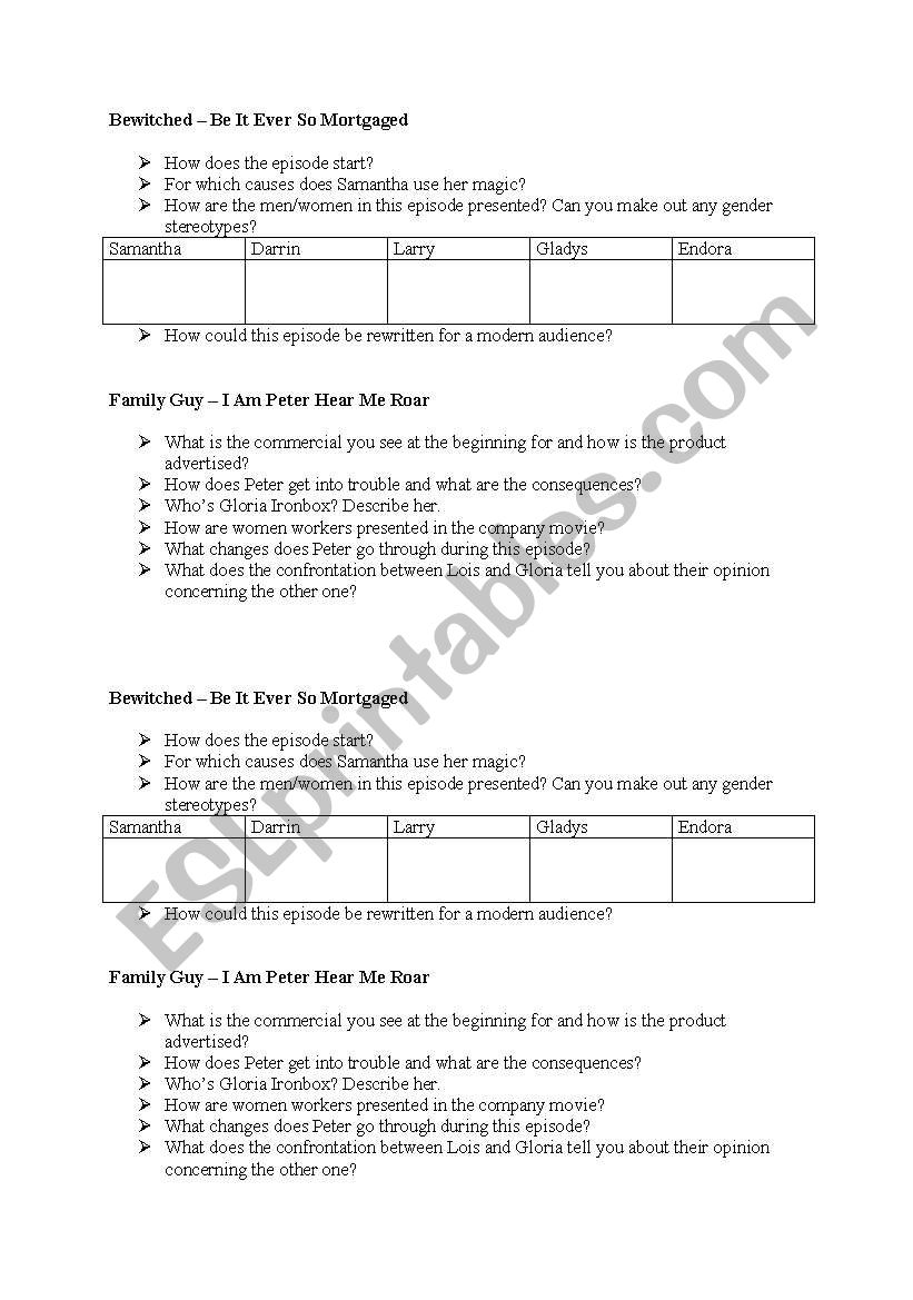 Gender Stereotypes in Sitcoms worksheet