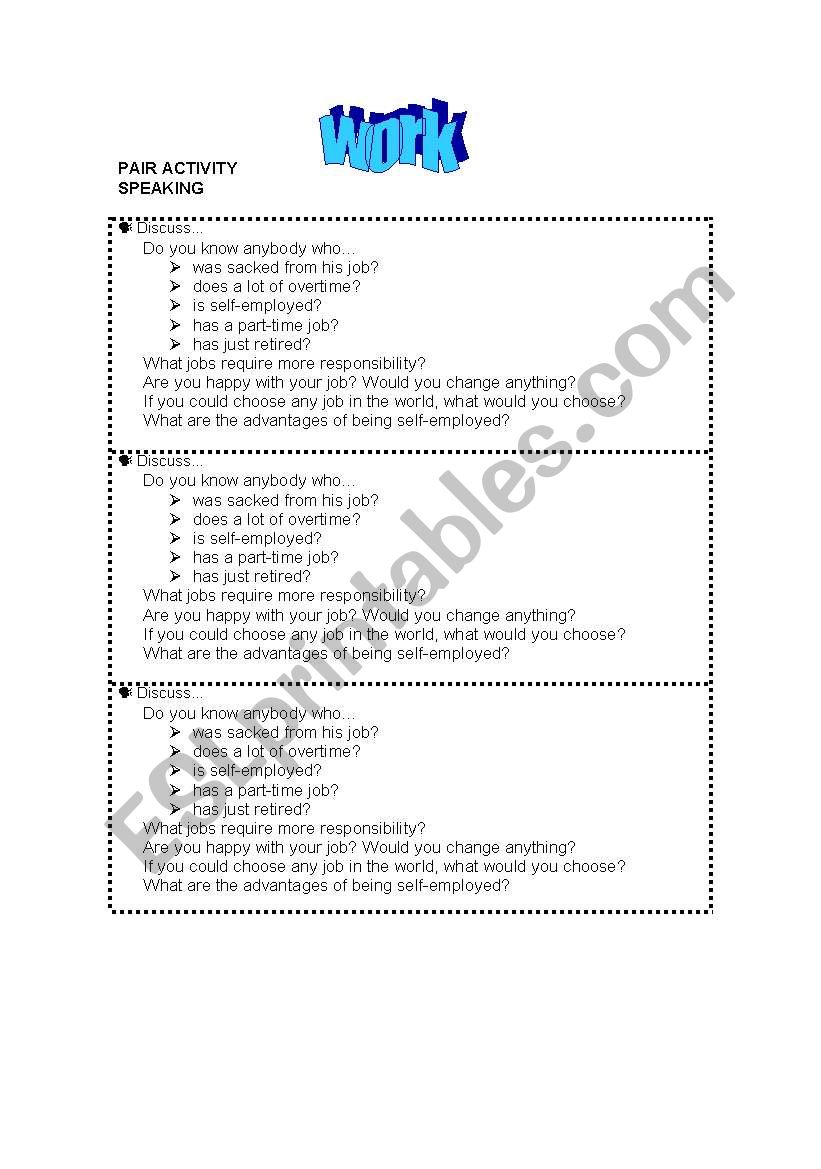 Pairwork speaking activity on the topic of work