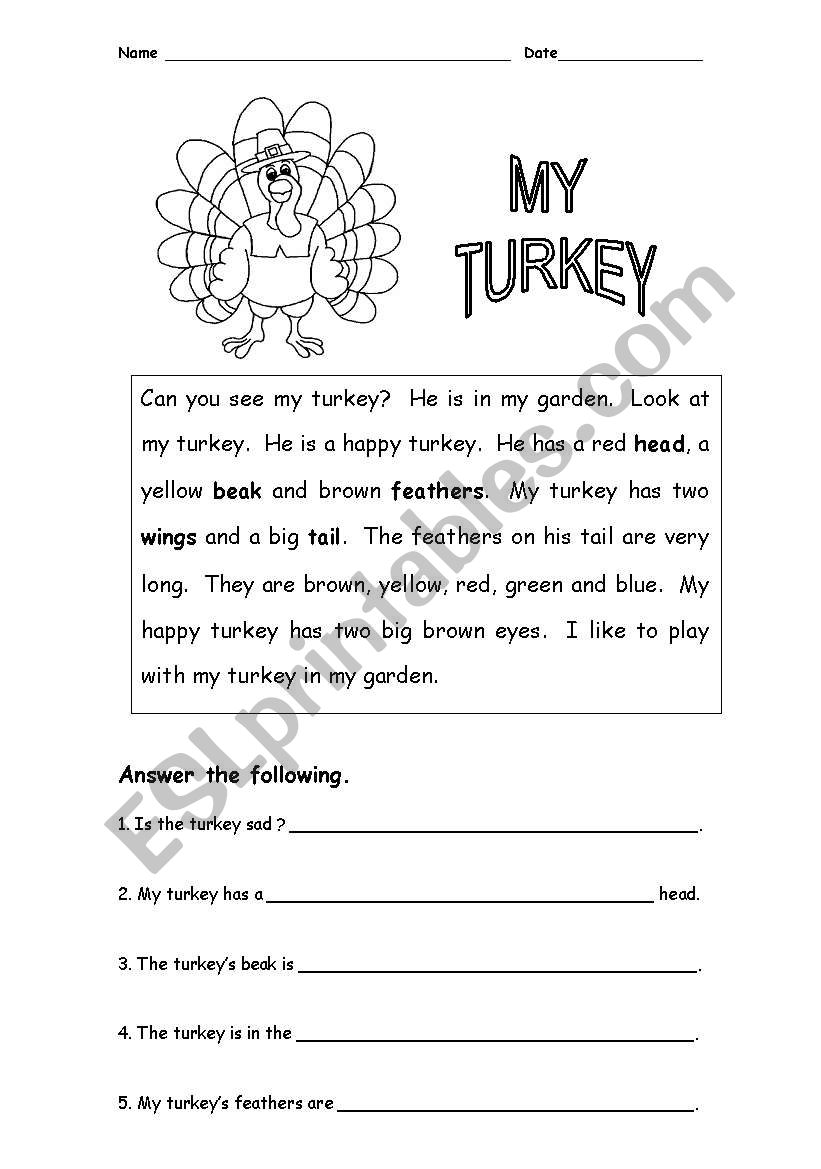 Christmas or thanks giving turkey reading comprehension