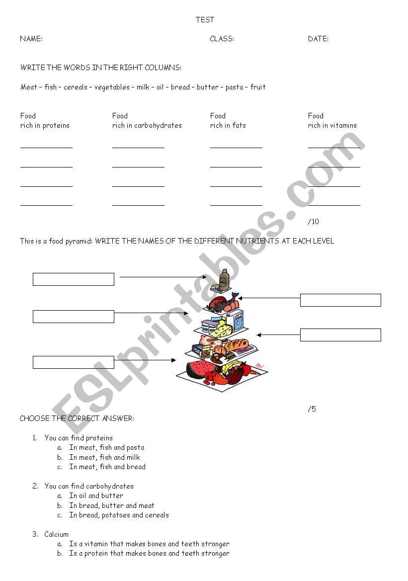 healthy eating test worksheet