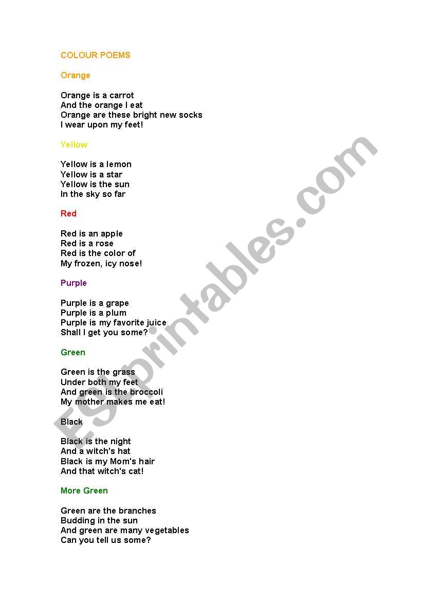 Colours poem worksheet