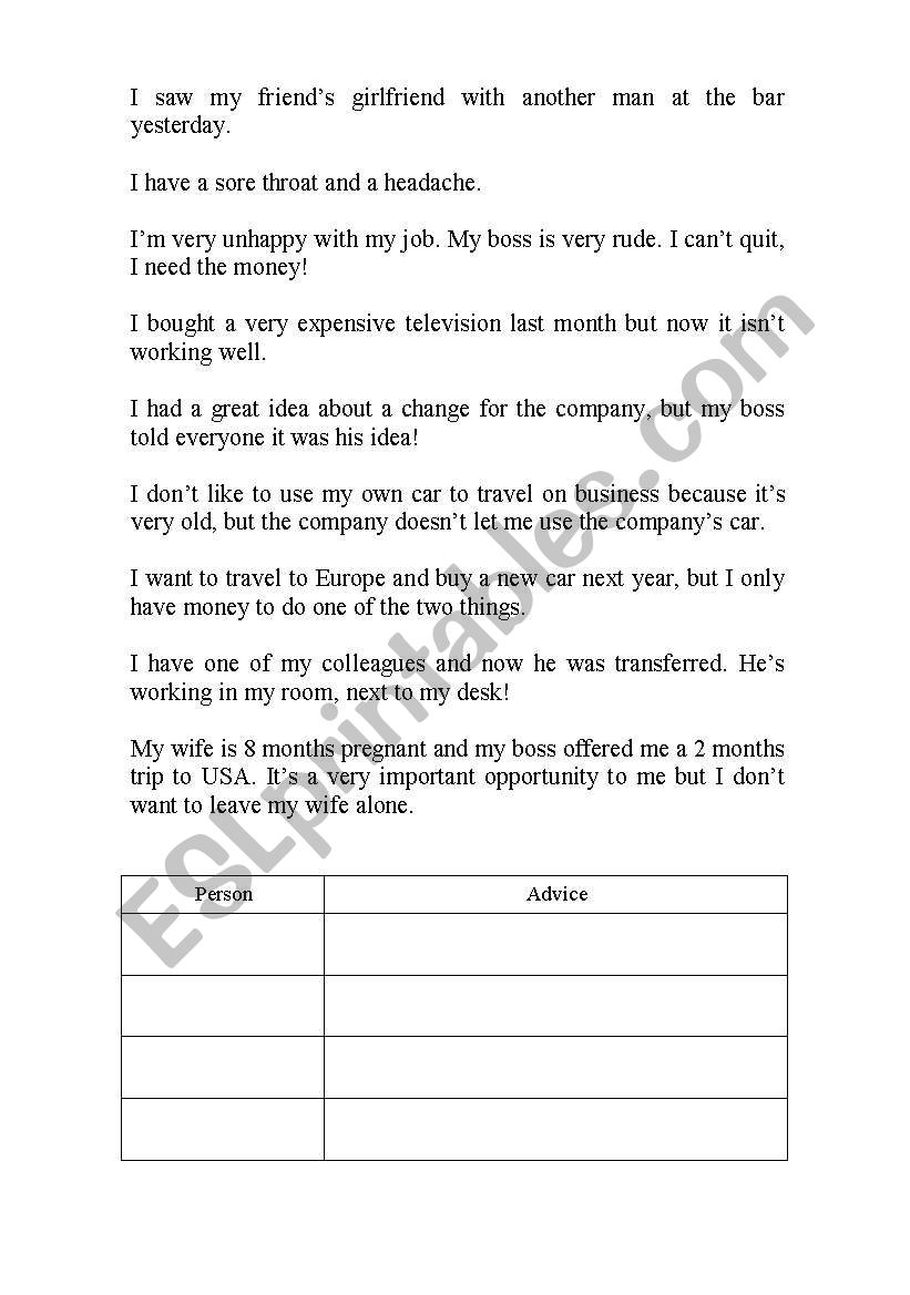 Giving Advice - SHOULD worksheet