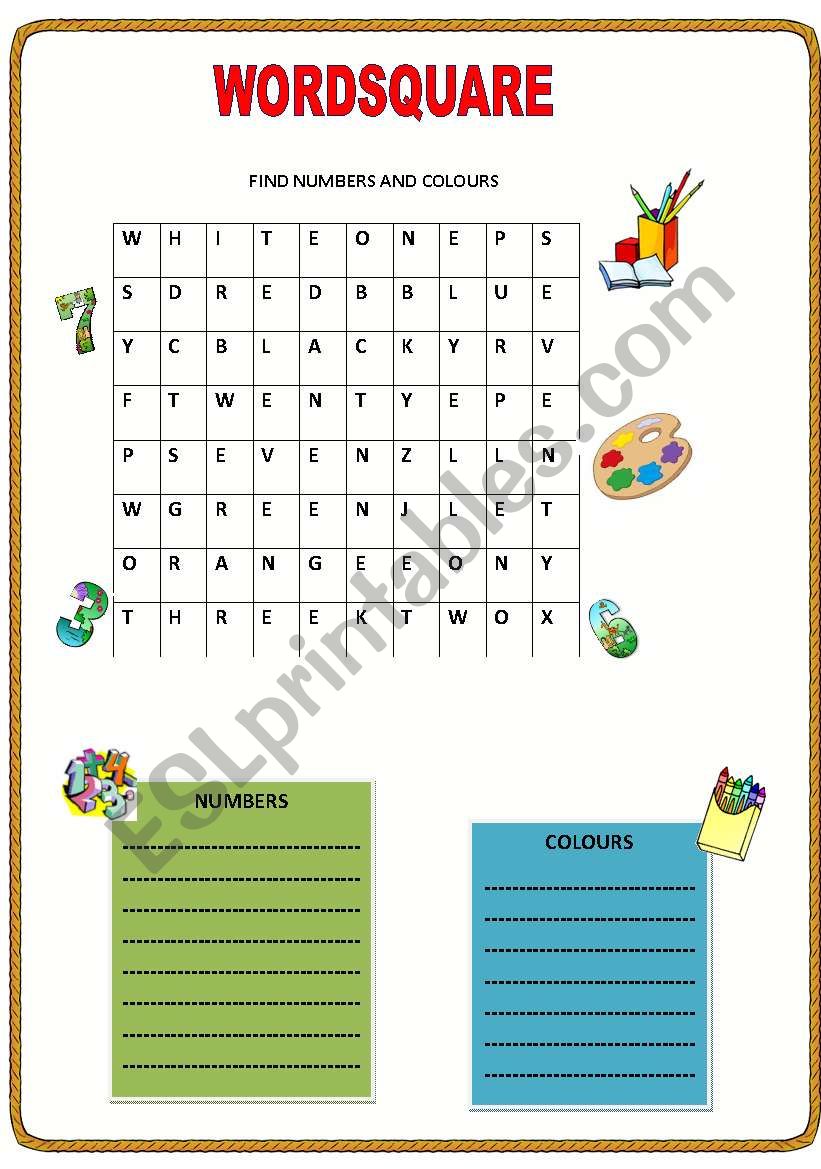 Numbers and Colours worksheet