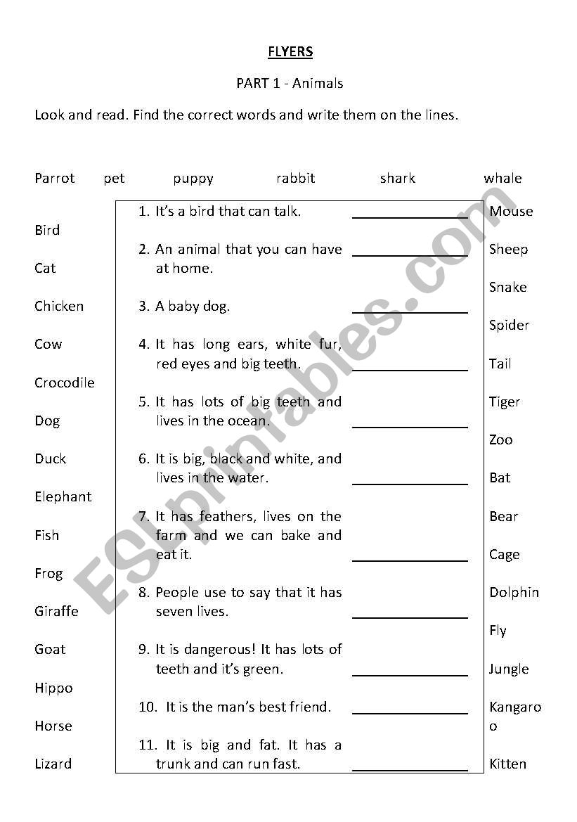 Flyers animals part 1 worksheet