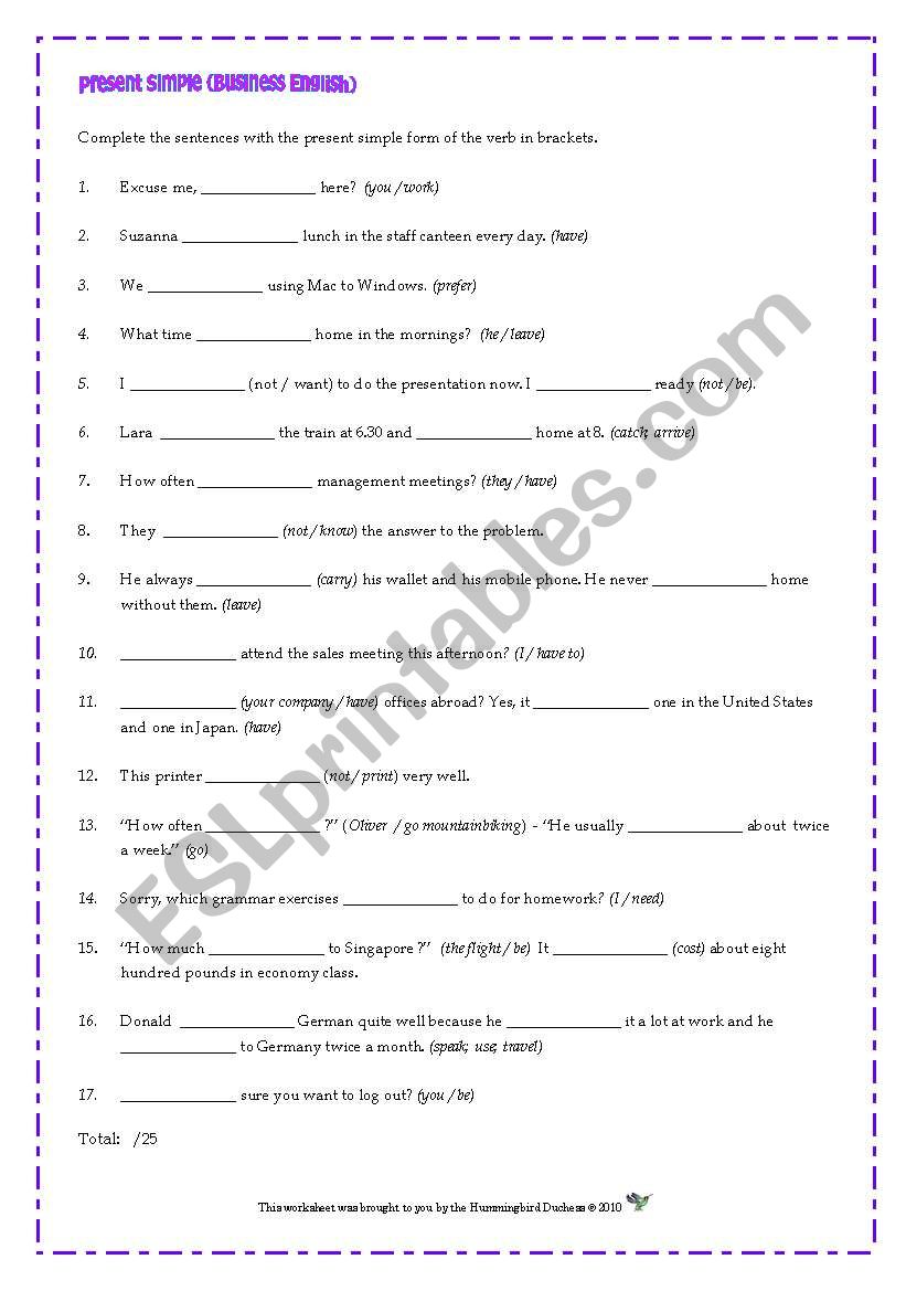 Present Simple (Business English) - Adult Learners Worksheet