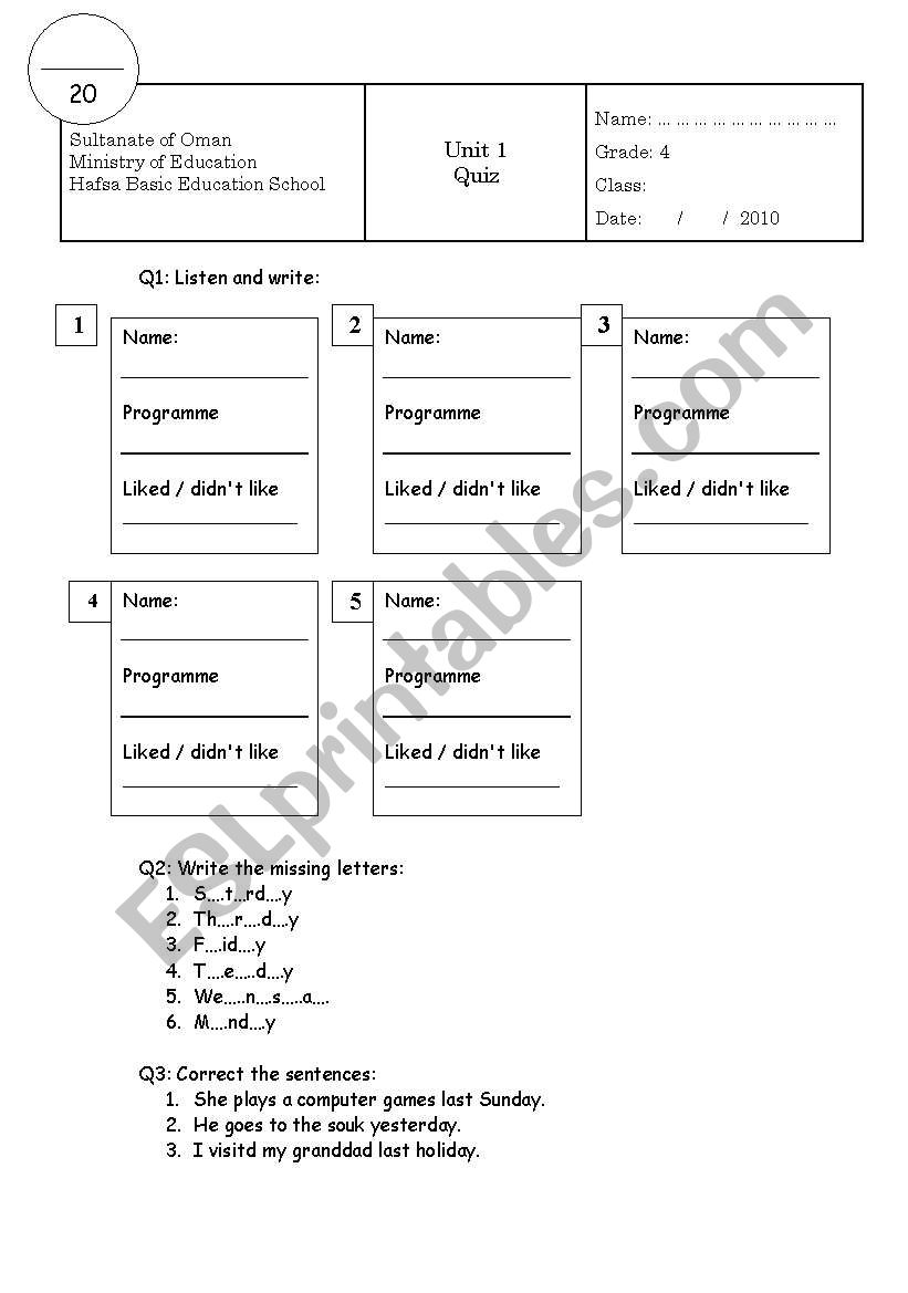 Quiz  for grade 4 worksheet