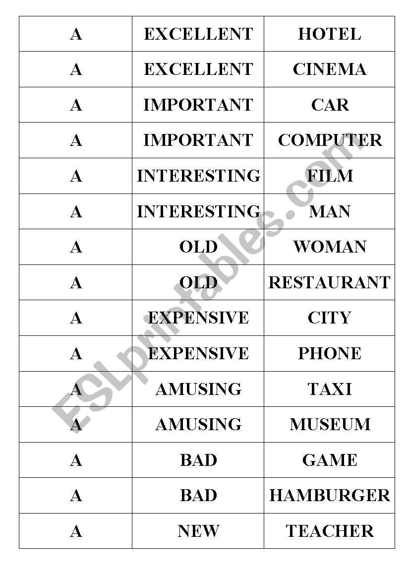 Activity card on the place of adjective and determiner a/an