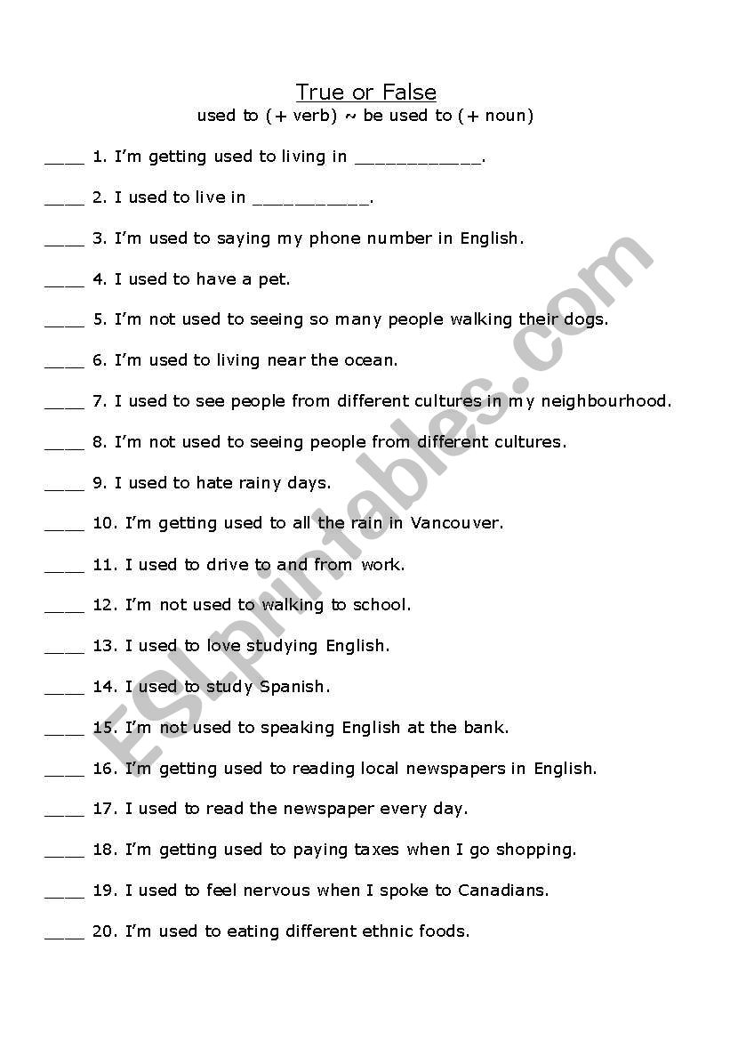 Used to, be used to ~ True or False Pair Activity