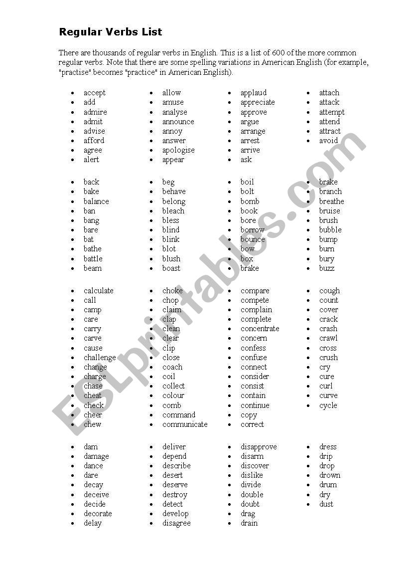VERB LIST worksheet