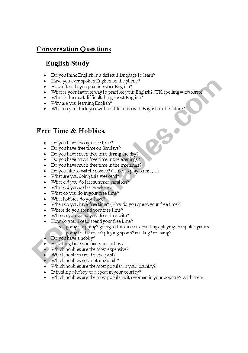 CONVERSATION QUESTIONS worksheet