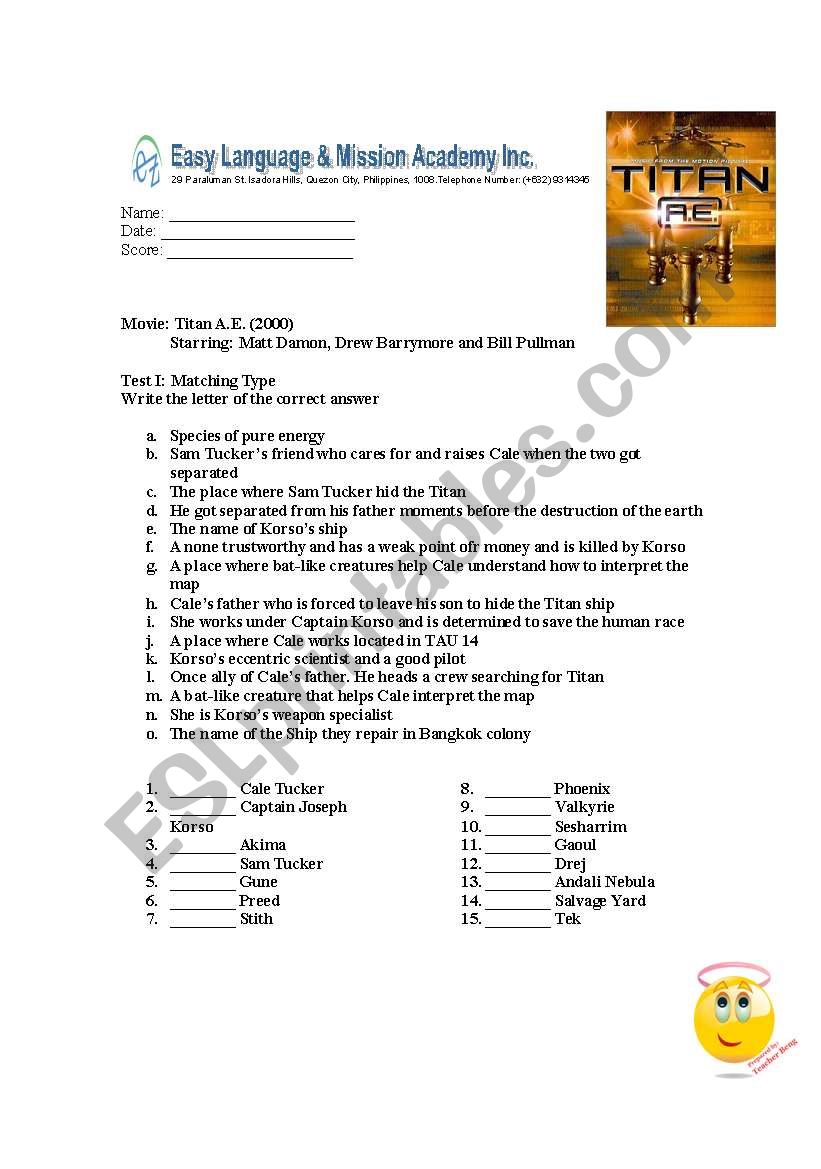 Titan AE Movie activity worksheet