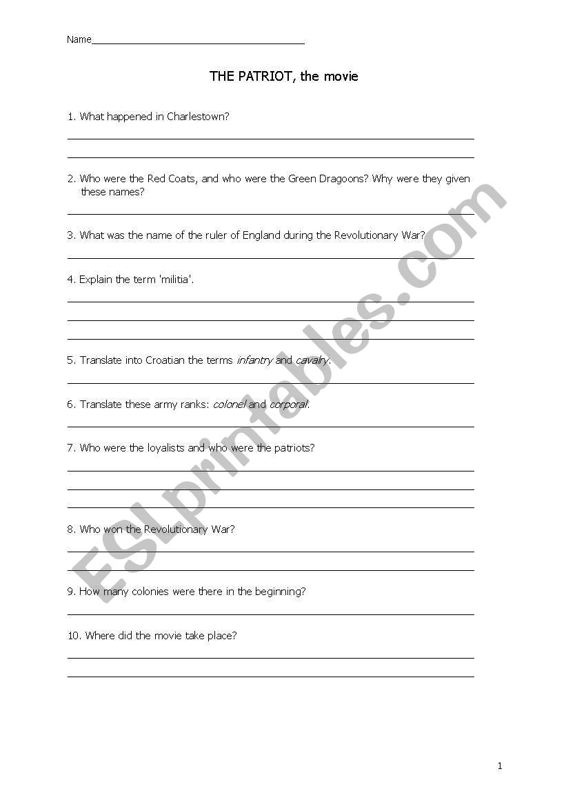 Patriot - the movie worksheet