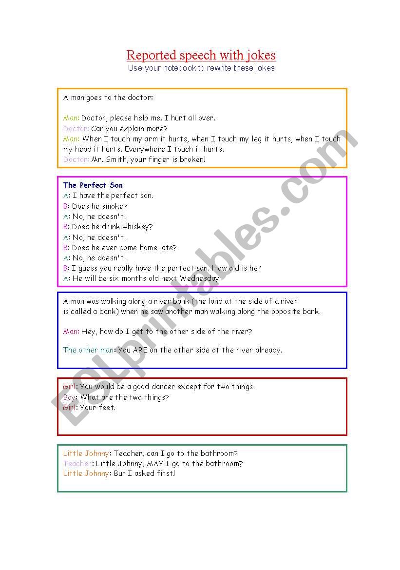 Reported Speech with jokes worksheet
