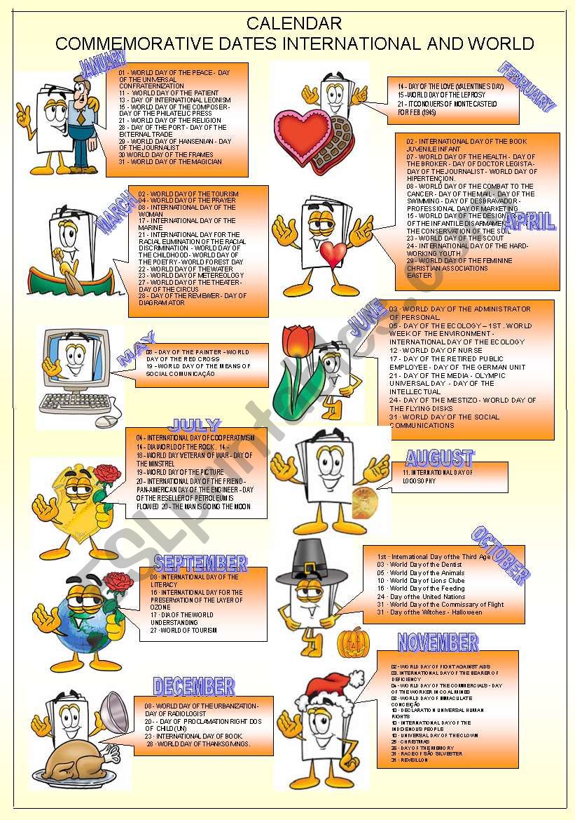 CALENDAR  - COMMEMORATIVE DATES INTERNATIONAL AND WORLD 