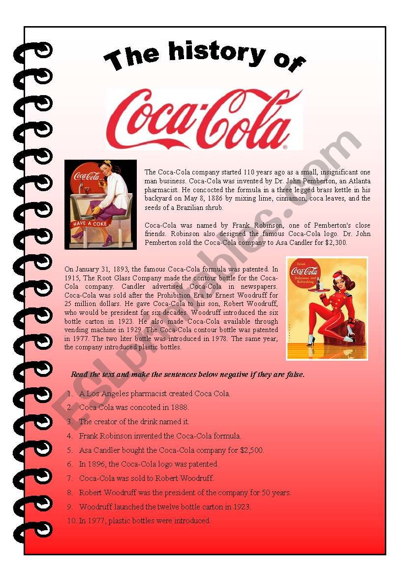 The History Of Coca Cola Reading And Active Passive Exercise In The Past Esl Worksheet By Melusine85