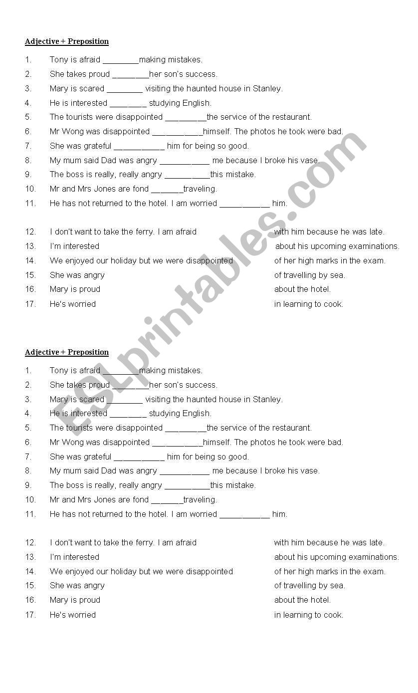 adjective and preposition worksheet