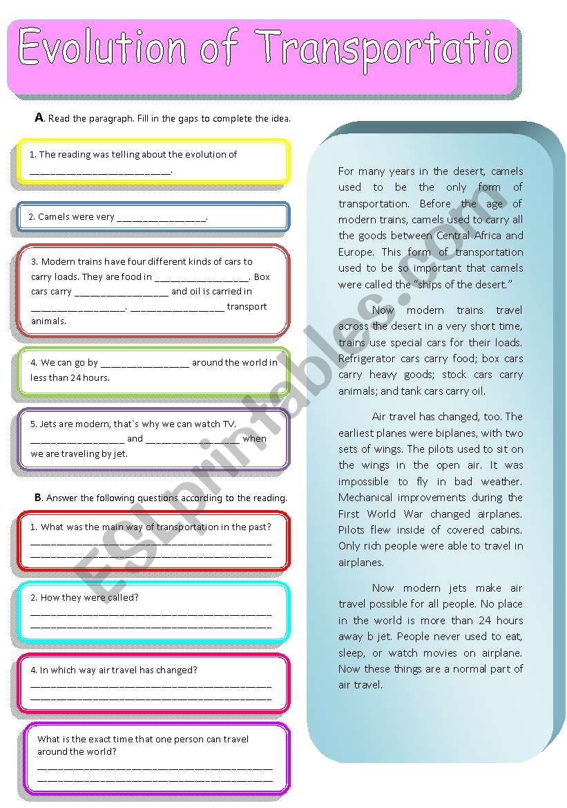 Evolution of Transportation worksheet