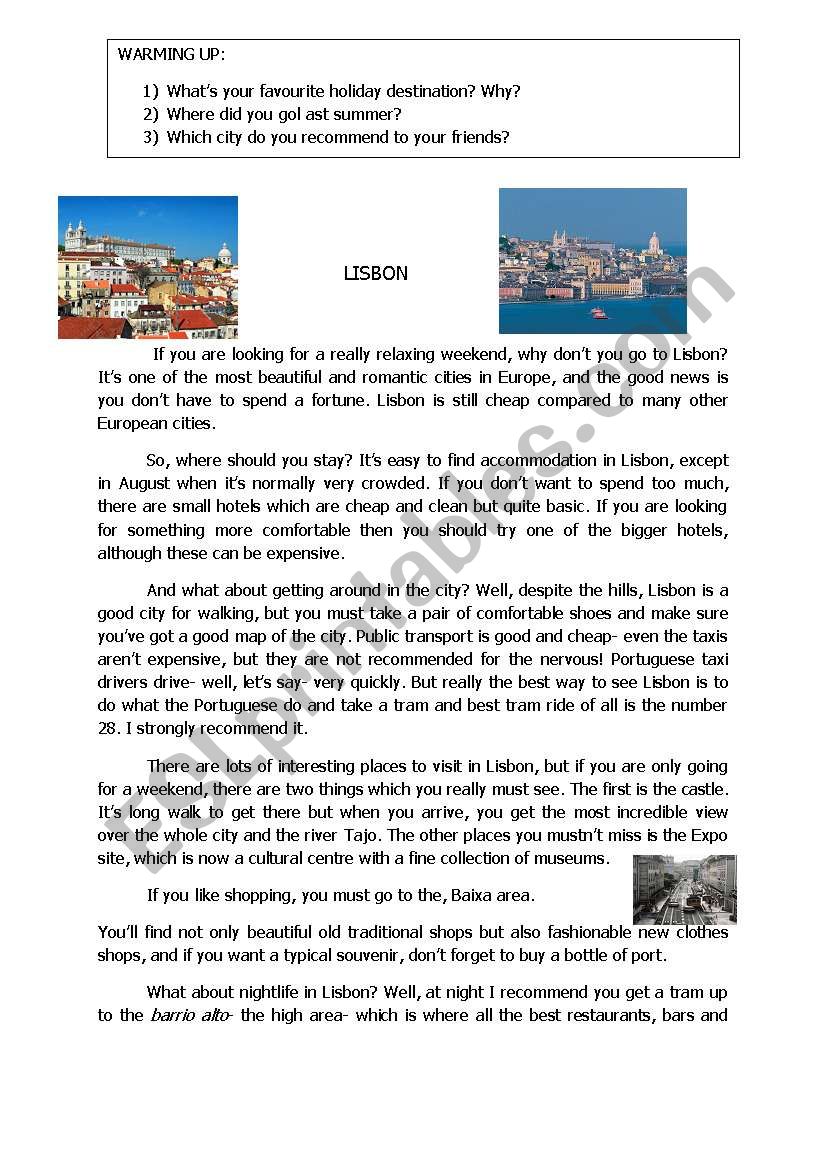 LISBON, A reading text with warmin up, scanning and writing activity. 