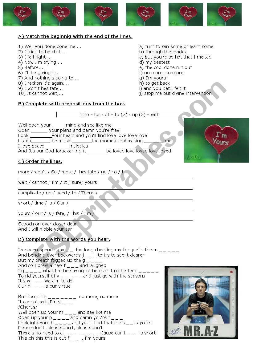 IÂ´m yours by JASON MRAZ worksheet